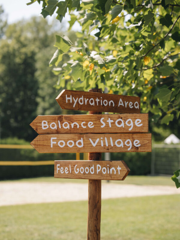 Holzwegweiser zeigt zu Hydration Area, Balance Stage und Food Village auf dem Festivalgelände